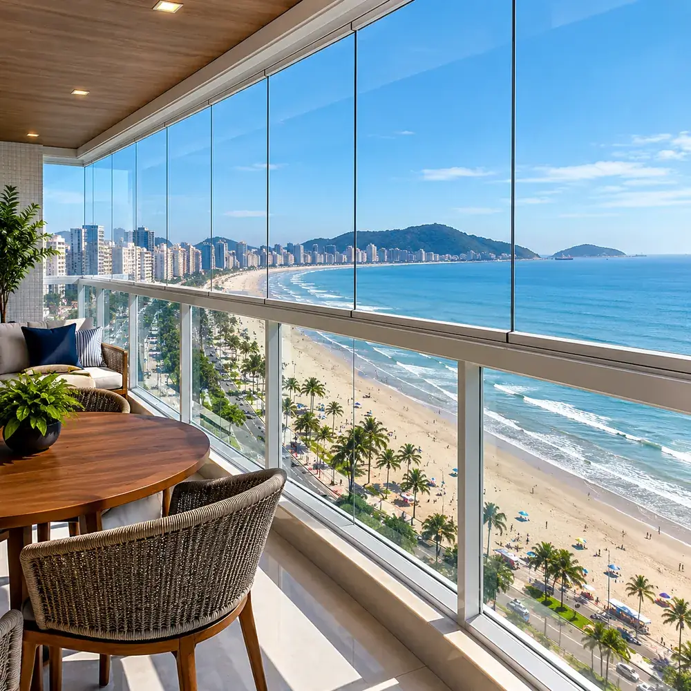 Envidraçamento de sacada realizado pela Star Glass Vidraçaria em Santos